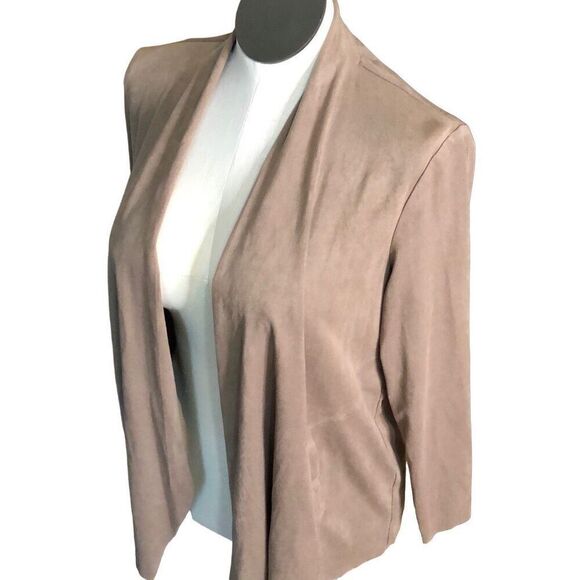 Style & Co Womens Faux Suede Jacket M Tan Waterfall Collar Open Front Workwear - Picture 4 of 9